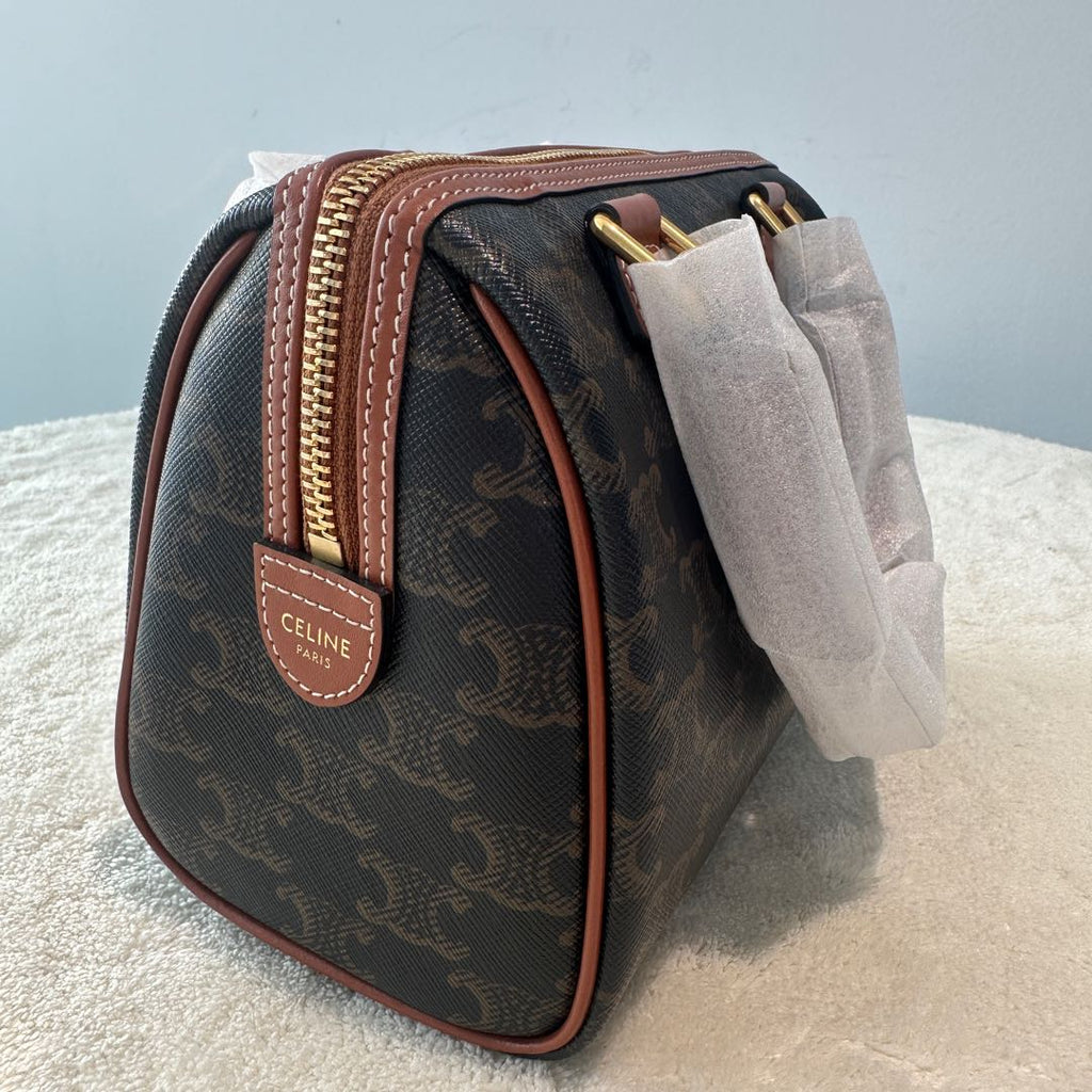 【#224】Pre-owned Celine Small Boston Bag Triomphe Canvas & Tan Calfskin Leather