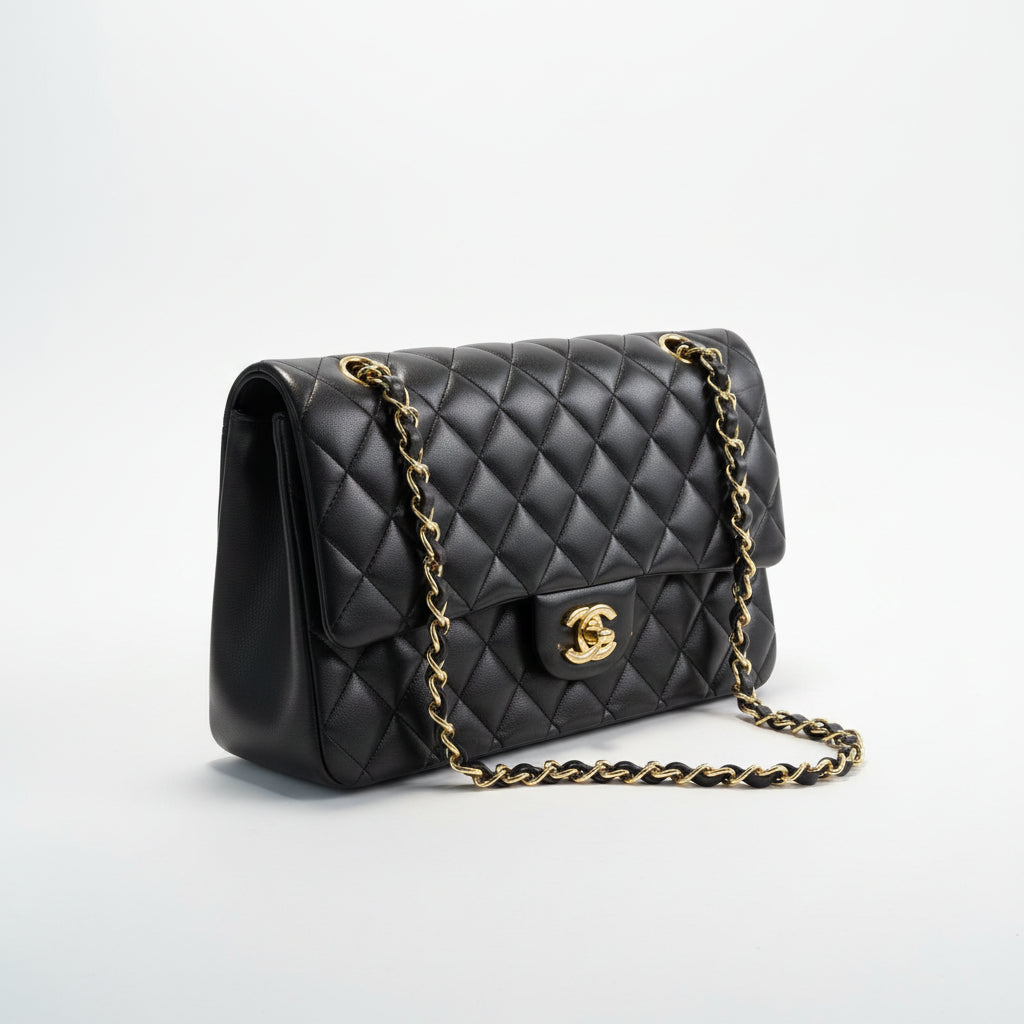【#022】Pre-owned Chanel Medium Classic Flap Black Lambskin Leather Shoulder Bag HZ2601190&&