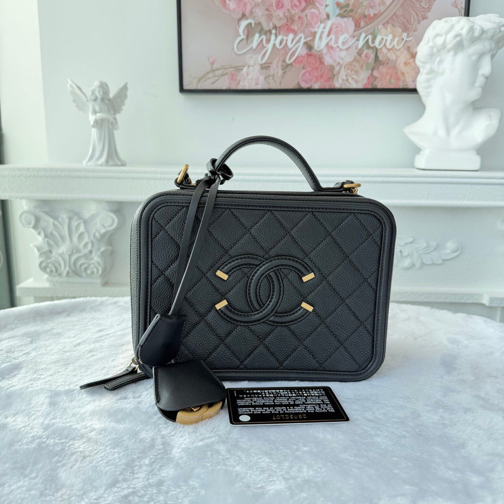 【#021】Pre-owned Chanel Vanity Case Medium Black Grained Caviar Leather Handbag HZ260121018