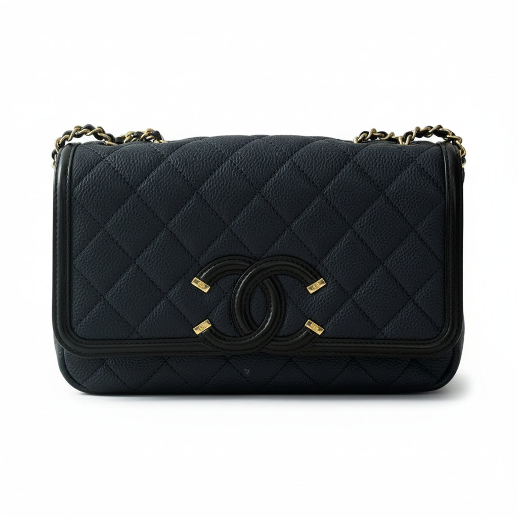 【#023】Pre-owned Chanel Mademoiselle Medium Navy Blue & Black Grained Caviar Leather Shoulder Bag HZ251204018