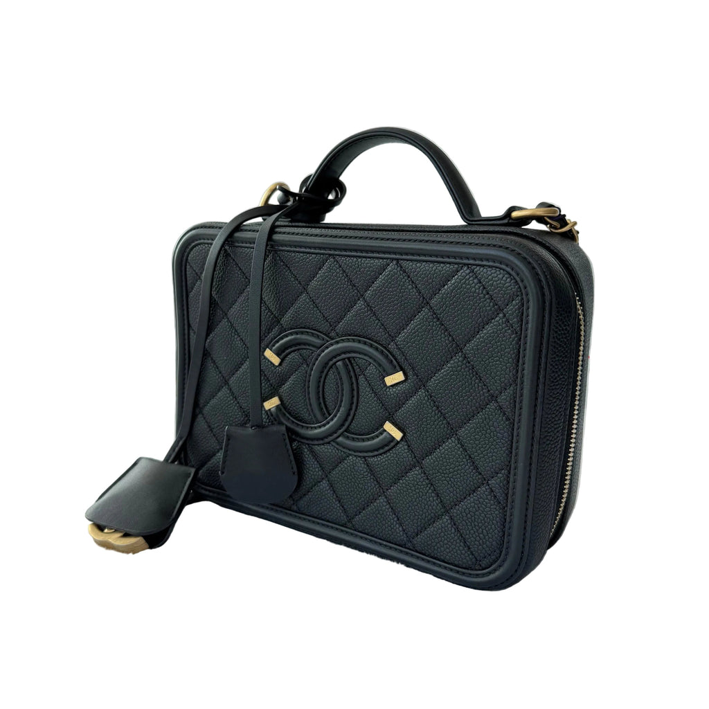 【#021】Pre-owned Chanel Vanity Case Medium Black Grained Caviar Leather Handbag HZ260121018
