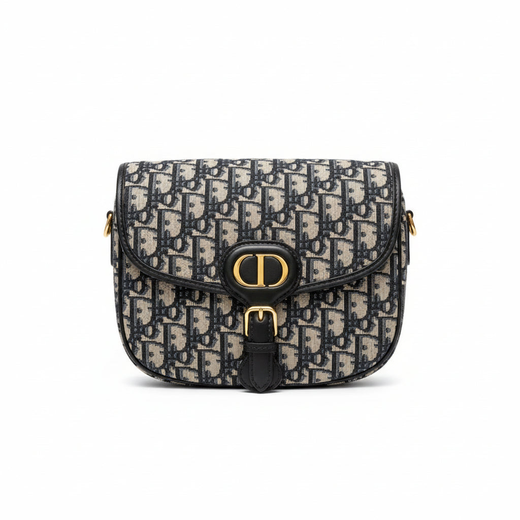 【#149】Pre-owned Dior Bobby Medium Beige, Blue and Black Oblique Canvas with Leather Trim Gold Hardware Crossbody Bag HZ2512030&&