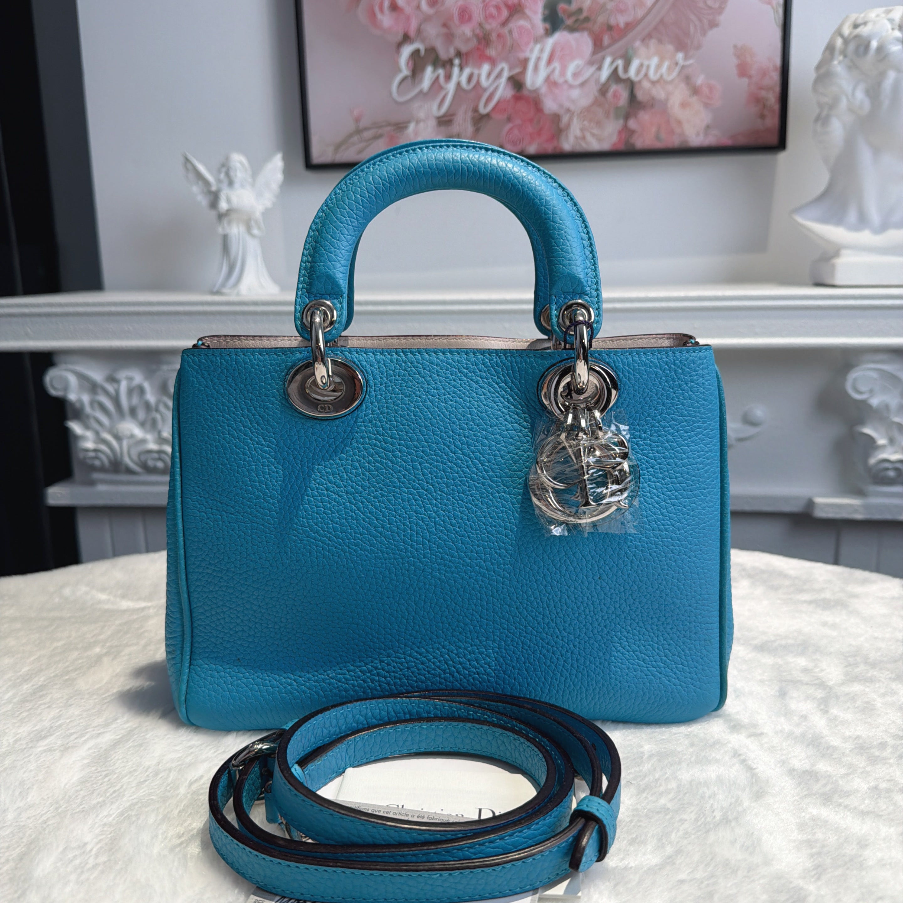 【#141】Pre-owned Dior Diorissimo Small Light Blue Calfskin Leather with Silver Charm Shoulder Bag / Tote Bag HZ260110&&