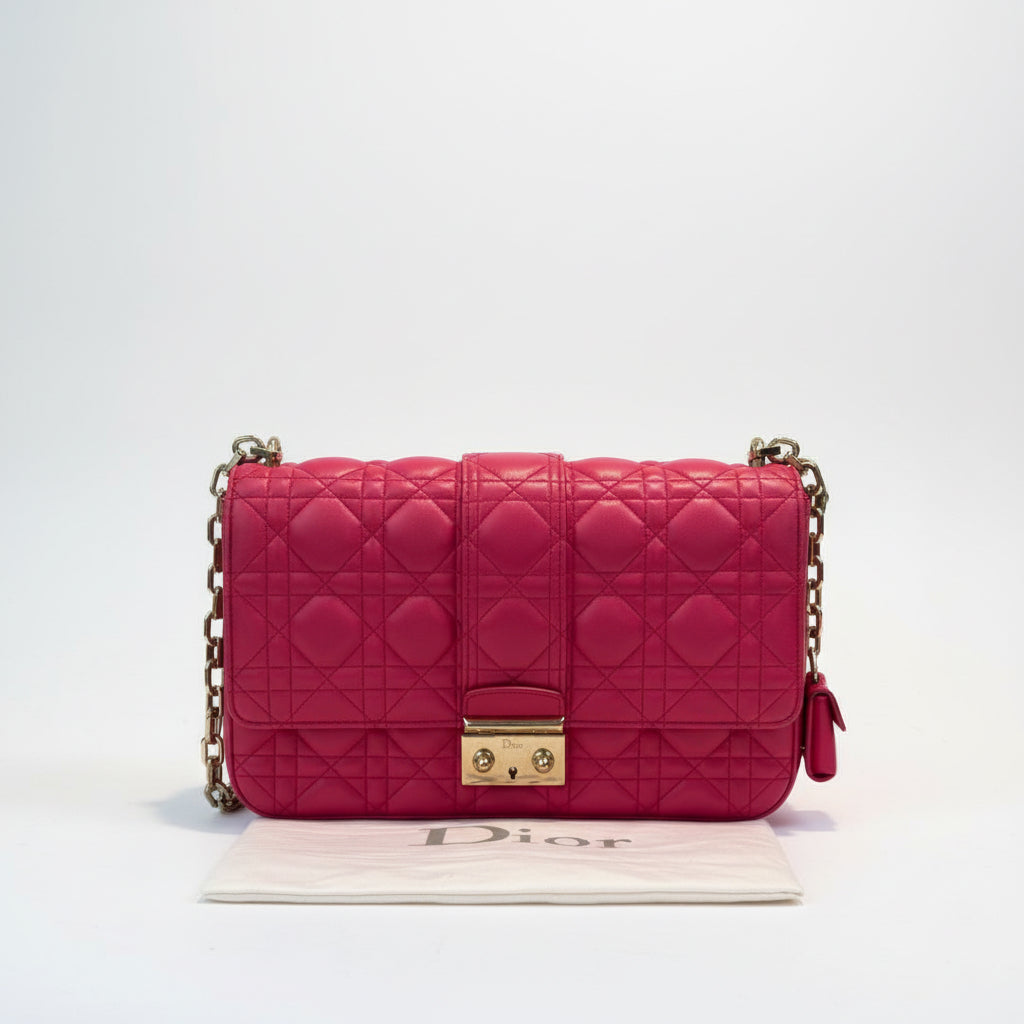 【#283】Pre-owned Dior Promenade Medium Chain Bag Cannage Quilted Leather in Fuchsia Pink with Gold-Tone Hardware