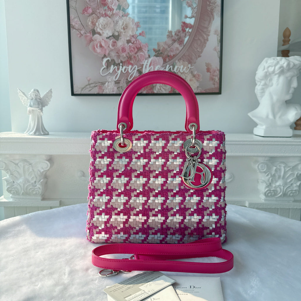 【#143】Pre-owned Dior Lady Dior Medium Fuchsia and White Raffia Woven  Shoulder Bag HZ251225013