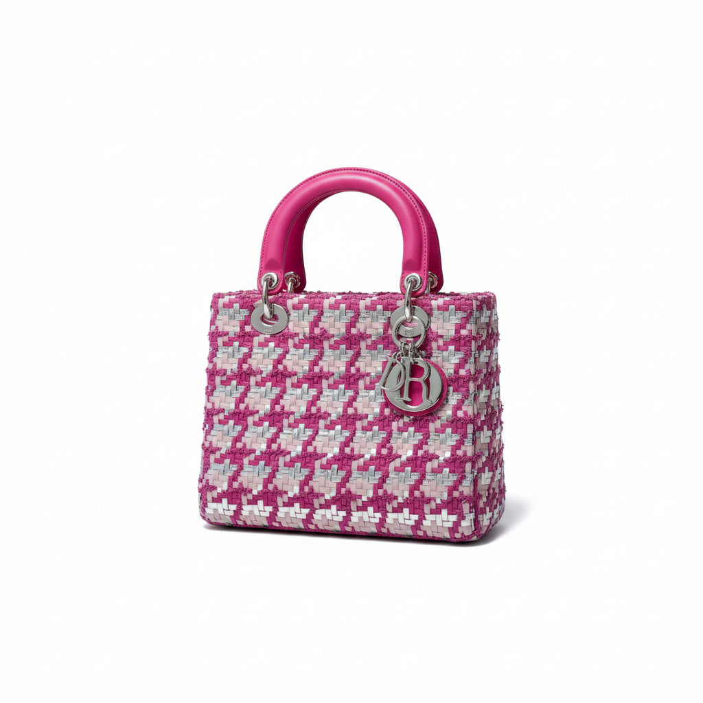 【#143】Pre-owned Dior Lady Dior Medium Fuchsia and White Raffia Woven  Shoulder Bag HZ251225013