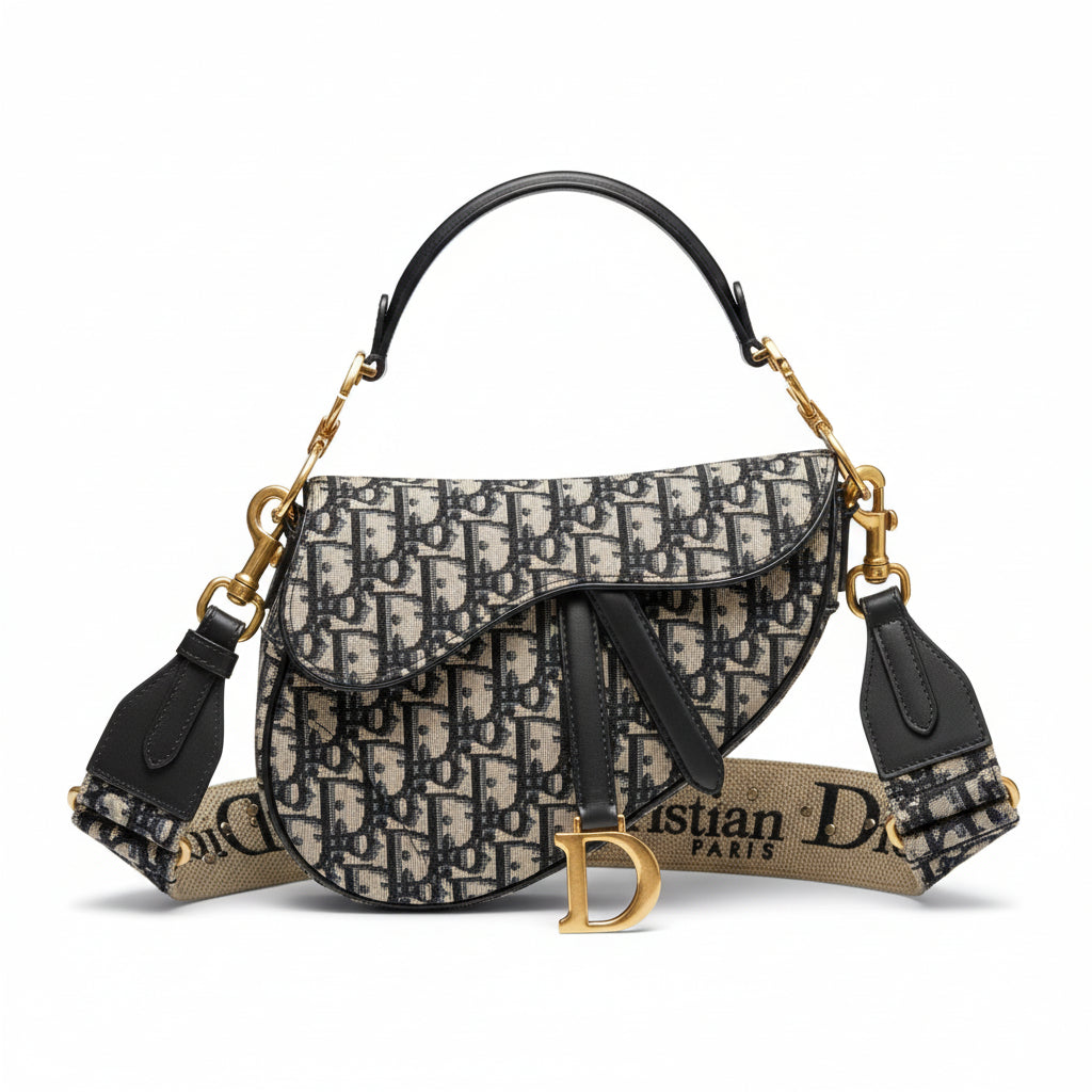 Pre-owned Dior Saddle Small White and Black Oblique Canvas with Leather Trim Gold Hardware Shoulder Bag HZ250708018