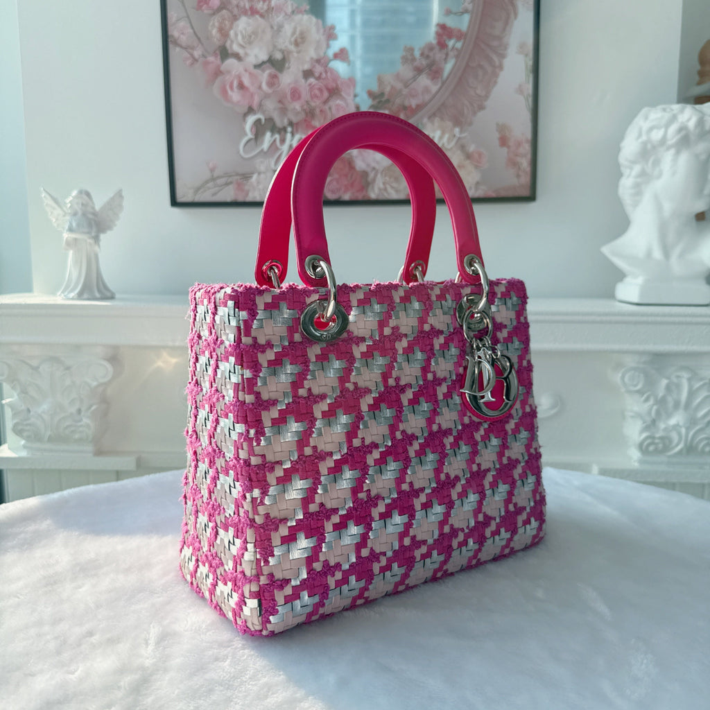 【#143】Pre-owned Dior Lady Dior Medium Fuchsia and White Raffia Woven  Shoulder Bag HZ251225013