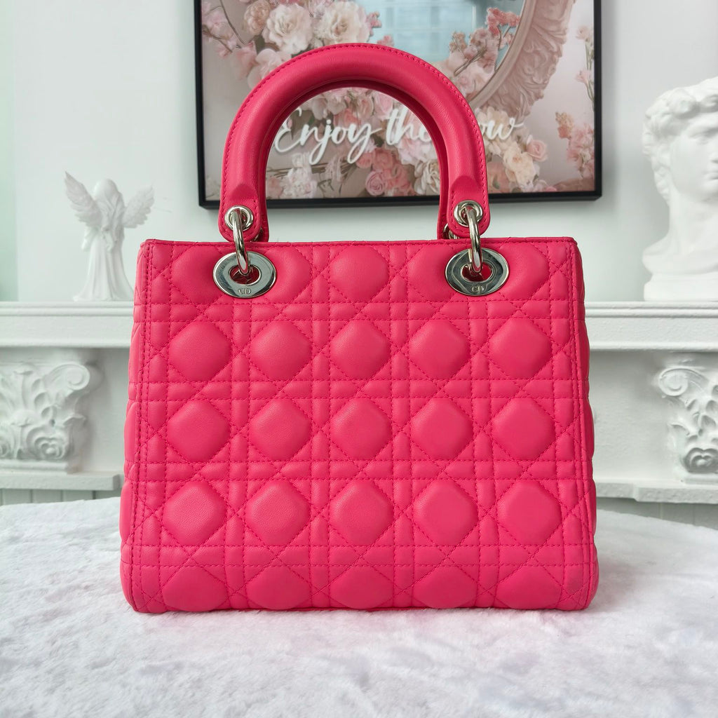 【#135】Pre-owned Dior Lady Dior Medium Hot Pink Lambskin with Silver Charm Shoulder Bag HZ260306&&