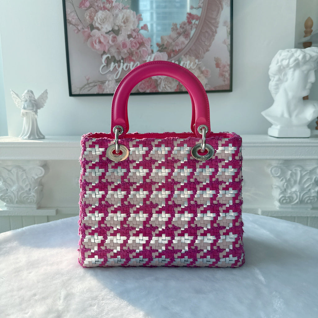 【#143】Pre-owned Dior Lady Dior Medium Fuchsia and White Raffia Woven  Shoulder Bag HZ251225013