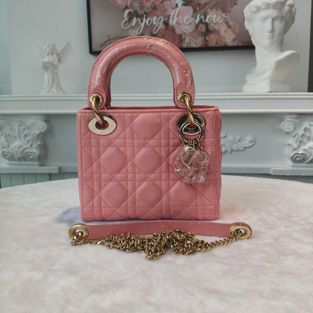 【#286】Pre-owned Dior Mini Lady Dior Bag Cannage Quilted Leather in Blush Pink with Gold-Tone Hardware