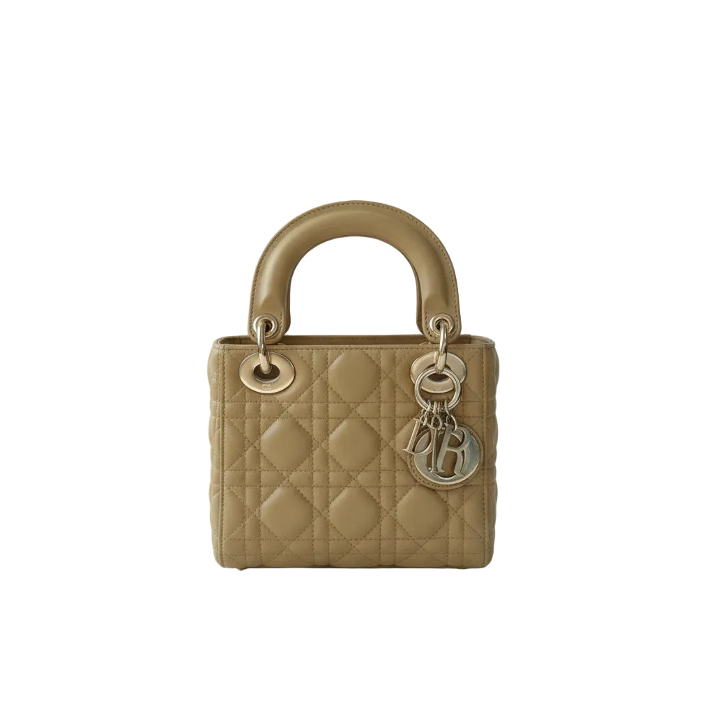 【#144】Pre-owned Dior Lady Dior Mini Latte Cannage Calfskin Leather Gold Hardware with Matte Charm Shoulder Bag  HZ251218019