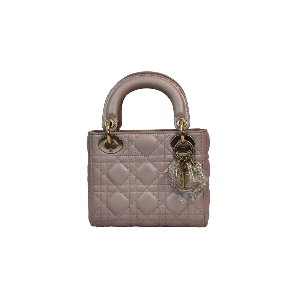 【#140】Pre-owned Dior Lady Dior Mini Pearl Pink Cannage Lambskin Gold Hardware Shoulder Bag HZ260131&&
