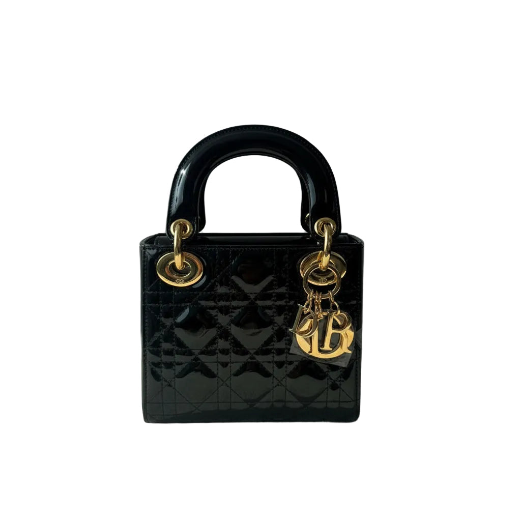 【#145】Pre-owned Dior Lady Dior Mini Black Cannage Patent Leather Gold Hardware Shoulder Bag HZ251218015