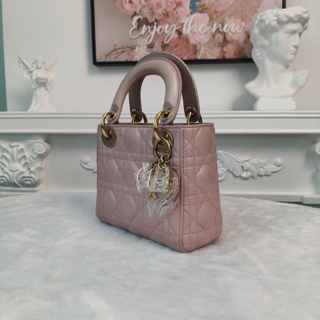 【#140】Pre-owned Dior Lady Dior Mini Pearl Pink Cannage Lambskin Gold Hardware Shoulder Bag HZ260131&&