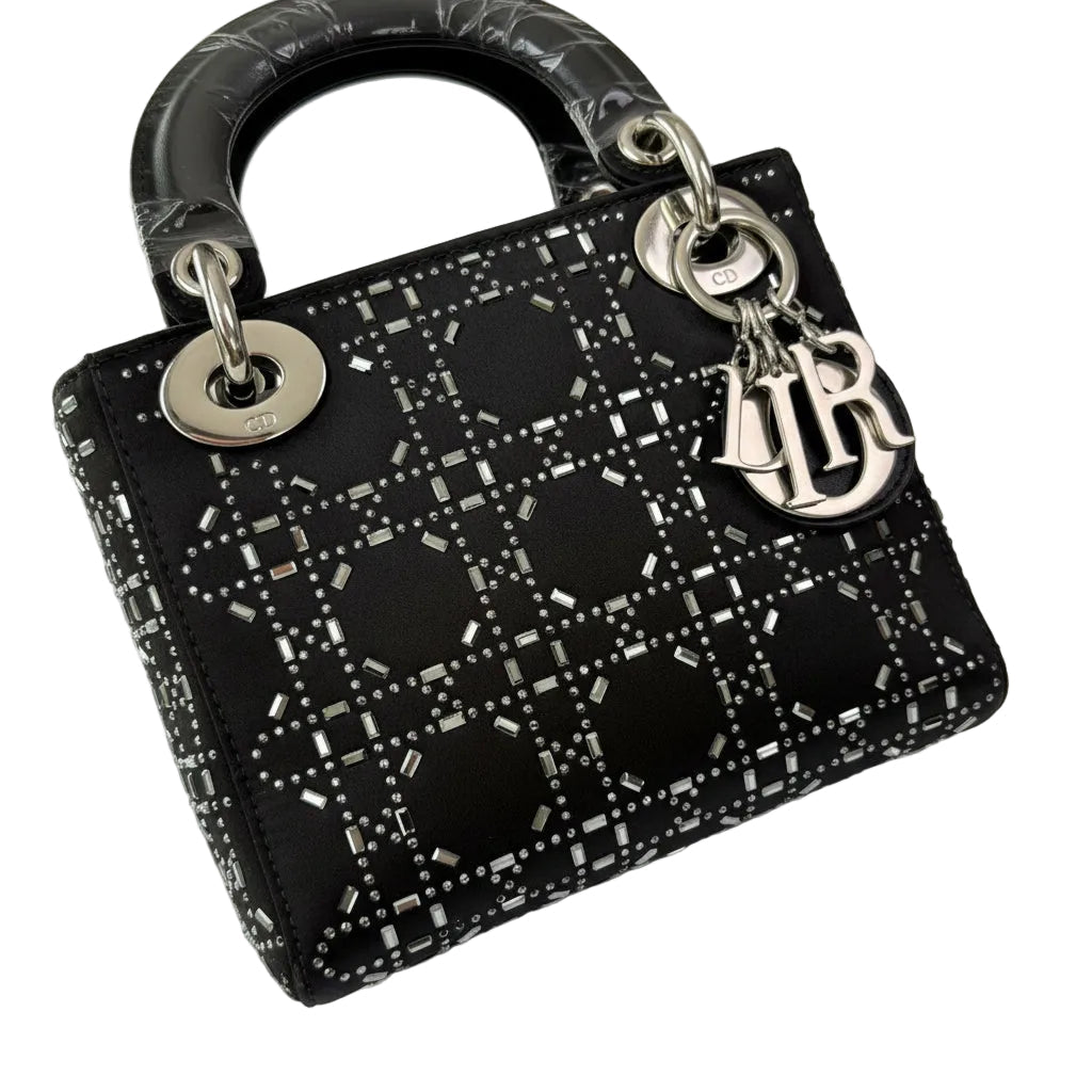 【#151】Pre-owned Dior Lady Dior Mini Black Cannage Satin Silver Hardware Shoulder Bag HZ251101018