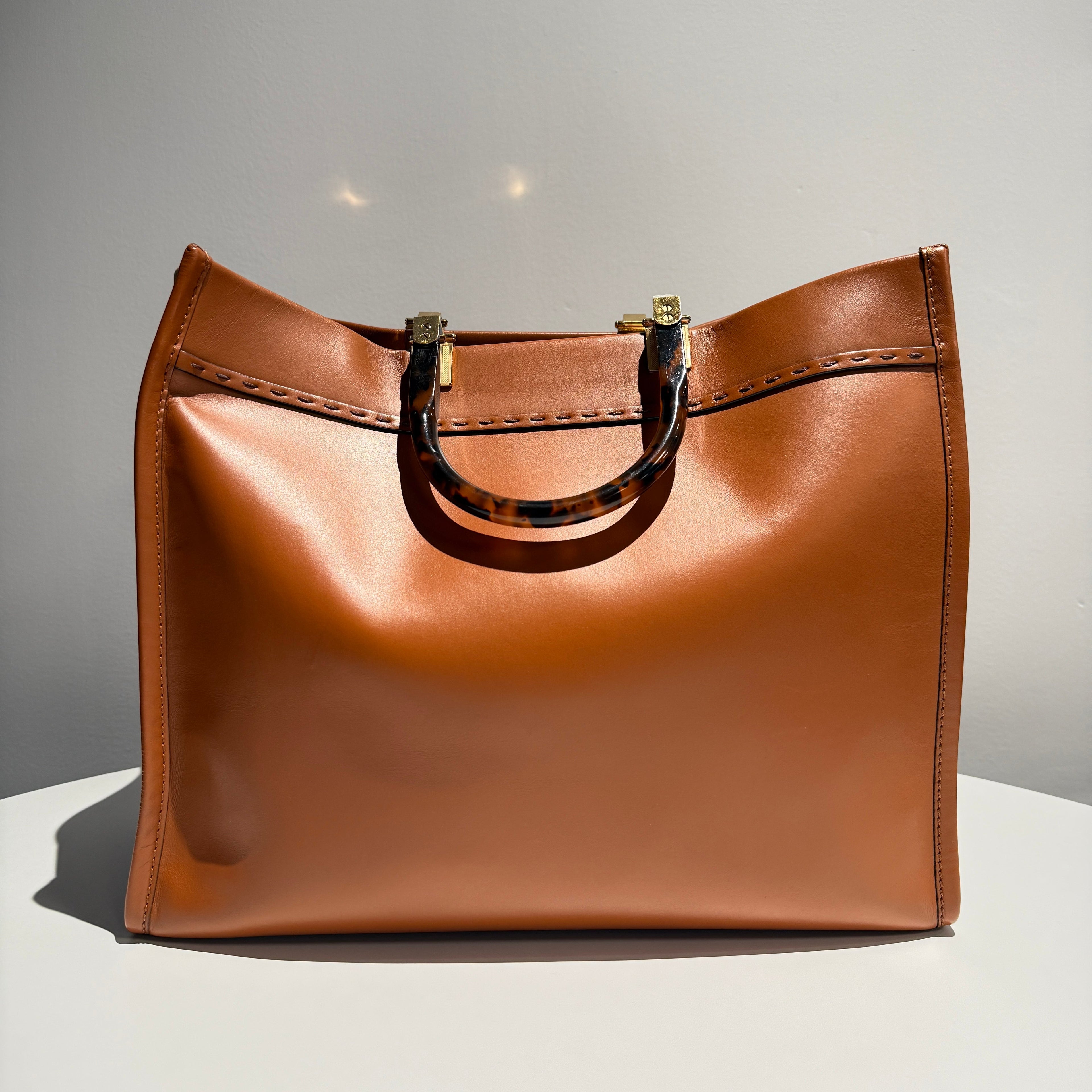 【#113】Pre-owned FENDI Sunshine Large Brown FF Logo Calfskin Tote Bag HZ2511030&&