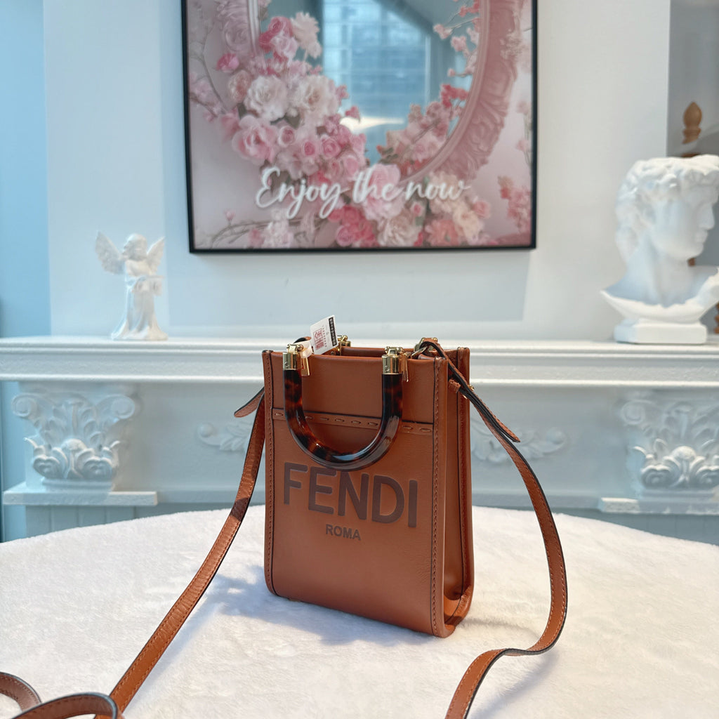 【#116】Pre-owned FENDI Sunshine Mini Brown FF Logo Calfskin Leather Crossbody Bag HZ2512250&&
