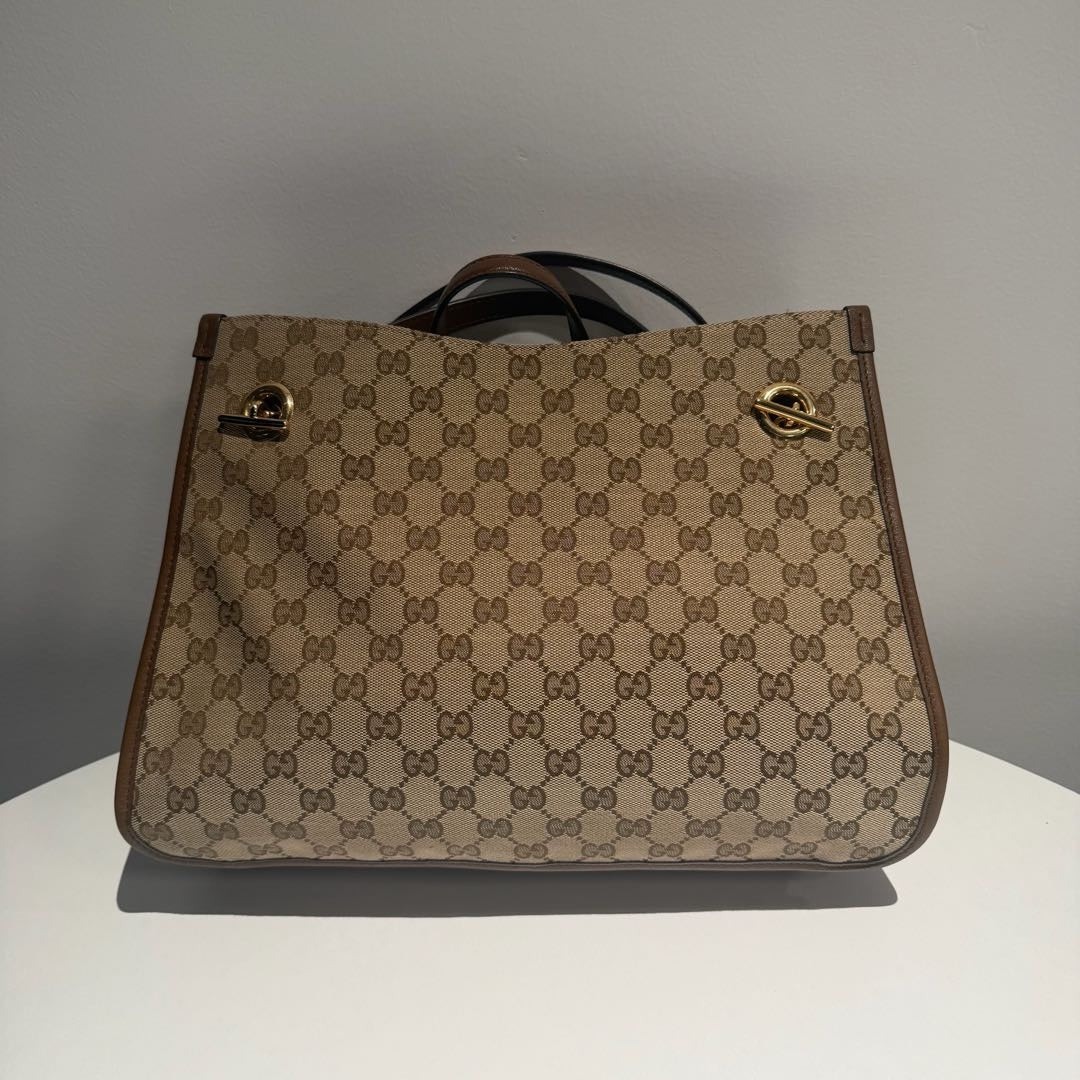 【#174】Pre-owned GUCCI 1955 Horsebit Tote Bag Medium Brown GG Supreme Canvas with Leather Trim Shoulder Bag