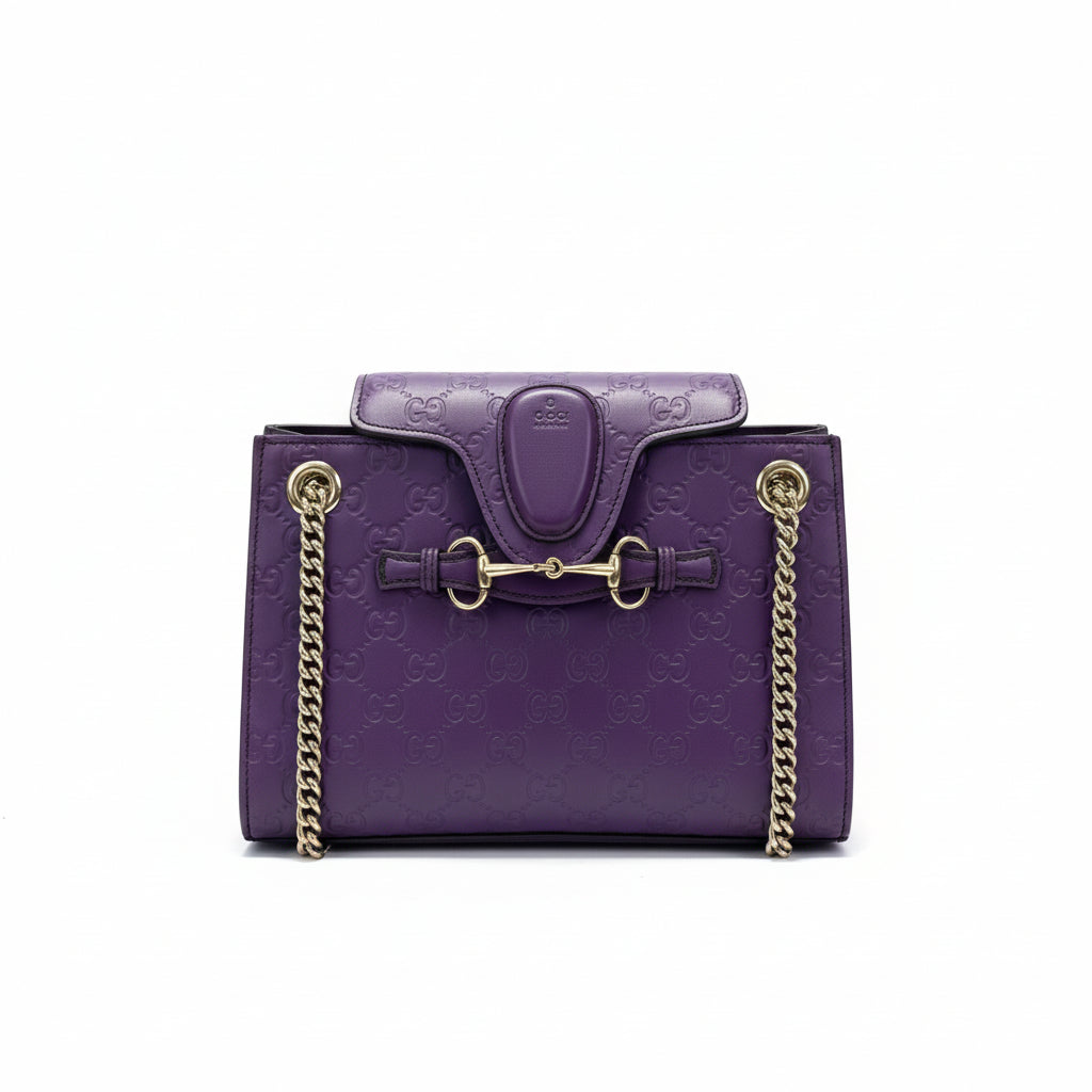 【#178】Pre-owned GUCCI Emily Small 25cm Purple GG Print Calfskin Leather Shoulder Bag