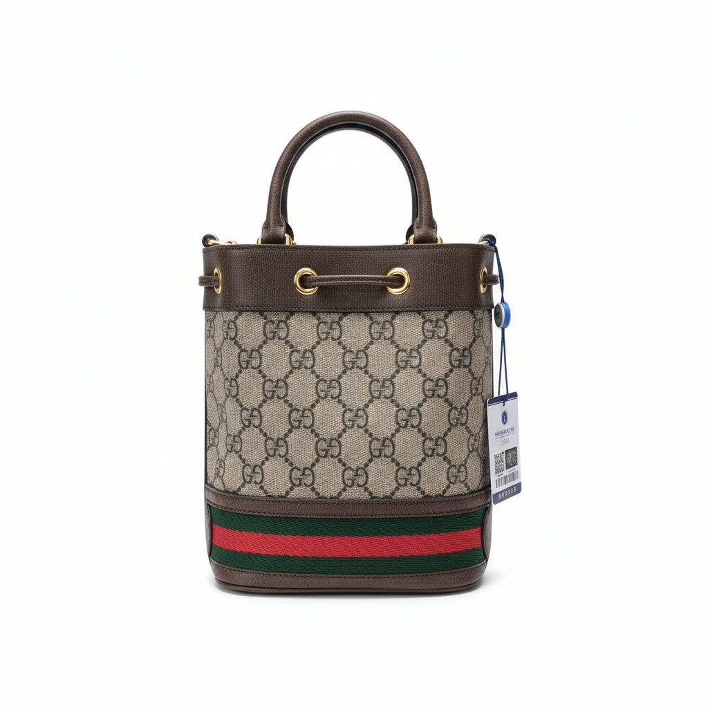 【#191】Pre-owned GUCCI Ophidia Mini 19cm Ebony and Multicolor GG Supreme Coated Canvas with Leather Trim Drawstring Bucket Bag Shoulder Bag
