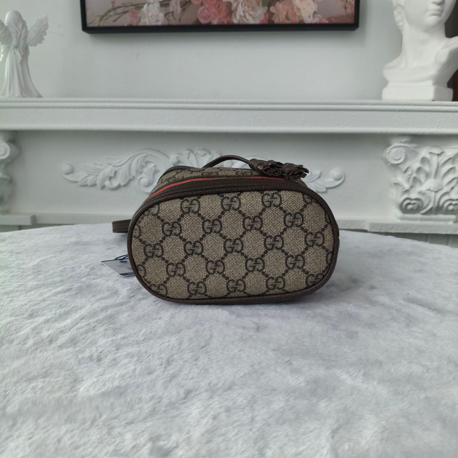 【#191】Pre-owned GUCCI Ophidia Mini 19cm Ebony and Multicolor GG Supreme Coated Canvas with Leather Trim Drawstring Bucket Bag Shoulder Bag
