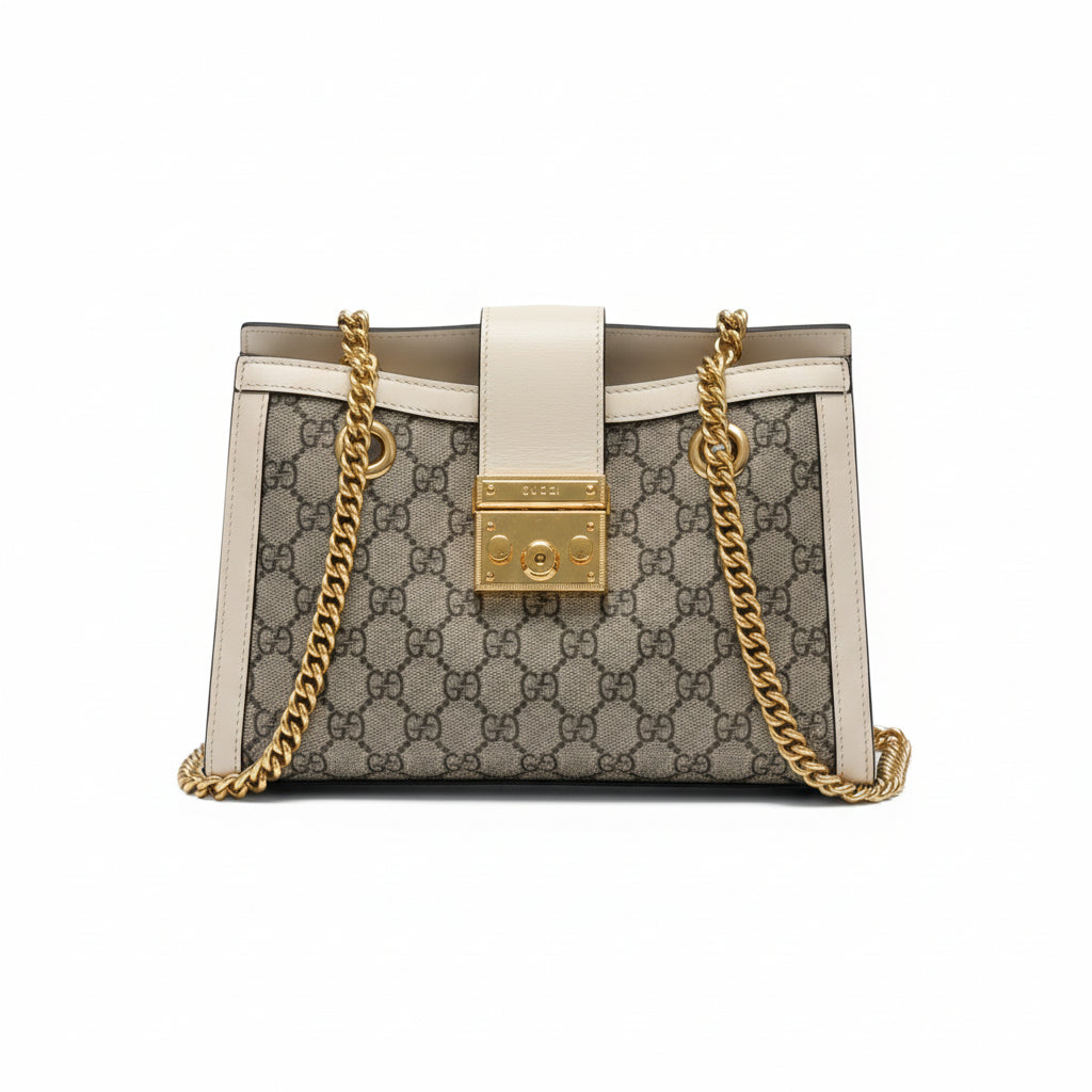 【#193】Pre-owned GUCCI Padlock Small Ebony and White GG Supreme Canvas with Leather Trim Shoulder Bag