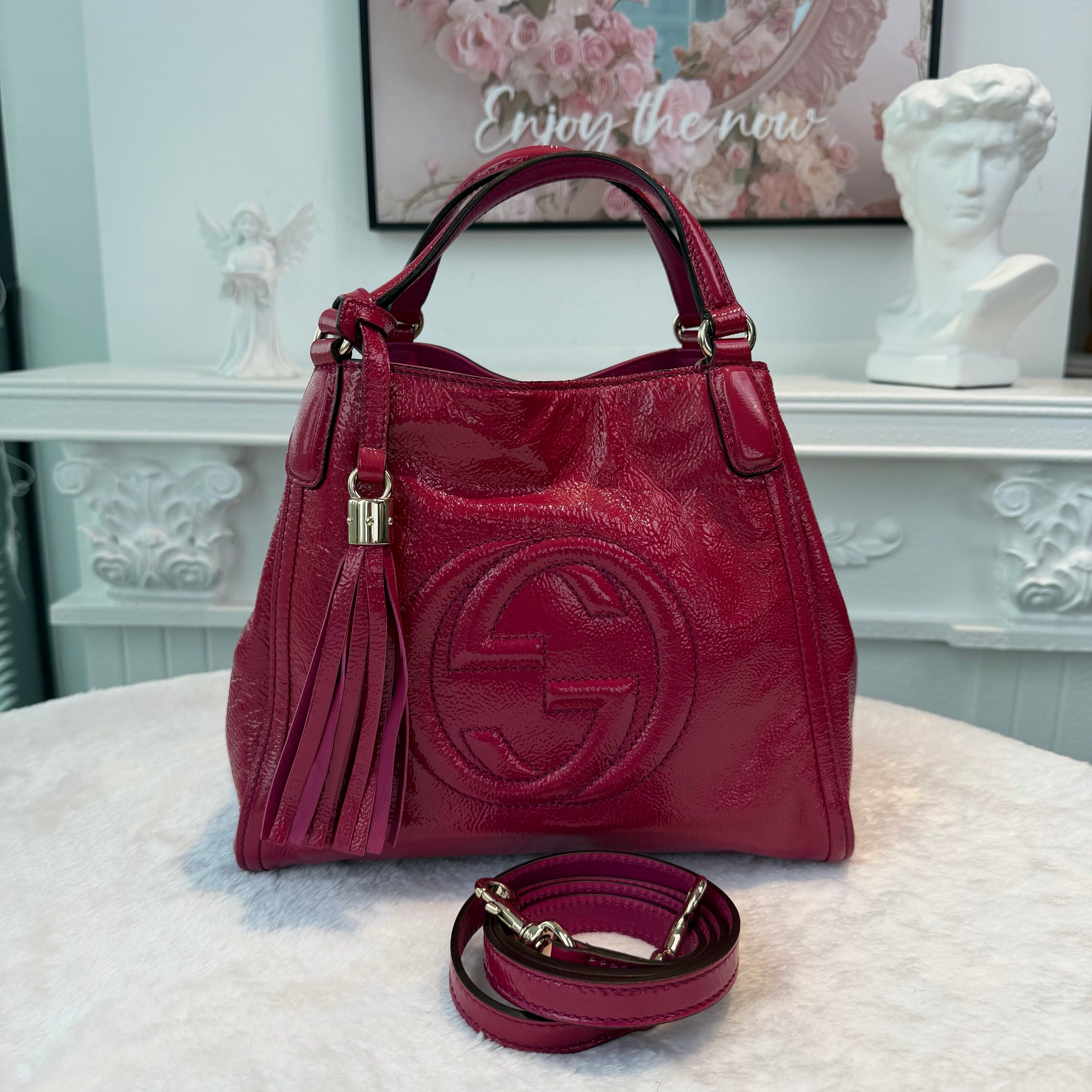 【#281】Pre-owned Gucci Soho Medium Tote Bag Patent Leather in Fuchsia Pink with Light Gold-Tone Hardware