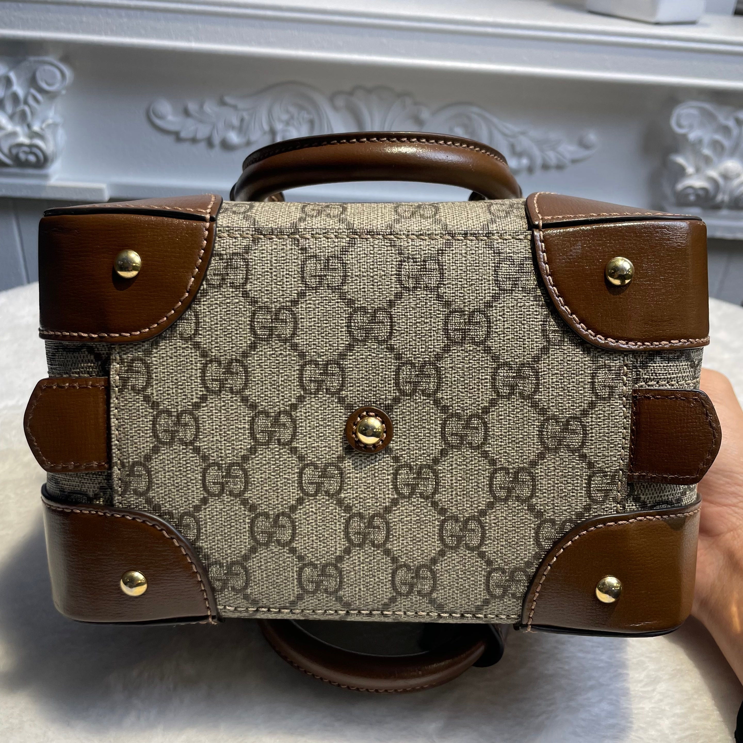 【#288】Pre-owned Gucci Small Boston Bag GG Coated Canvas with Brown Leather Trim