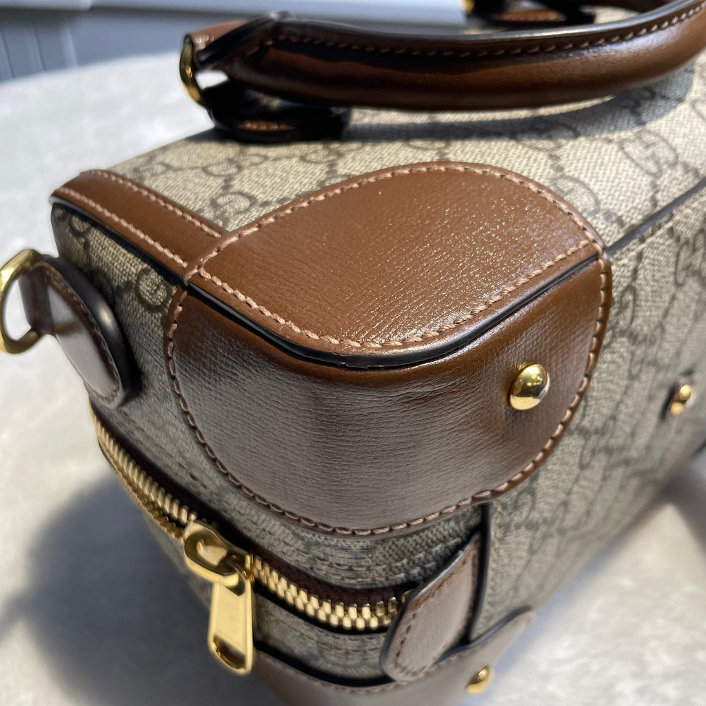 【#288】Pre-owned Gucci Small Boston Bag GG Coated Canvas with Brown Leather Trim