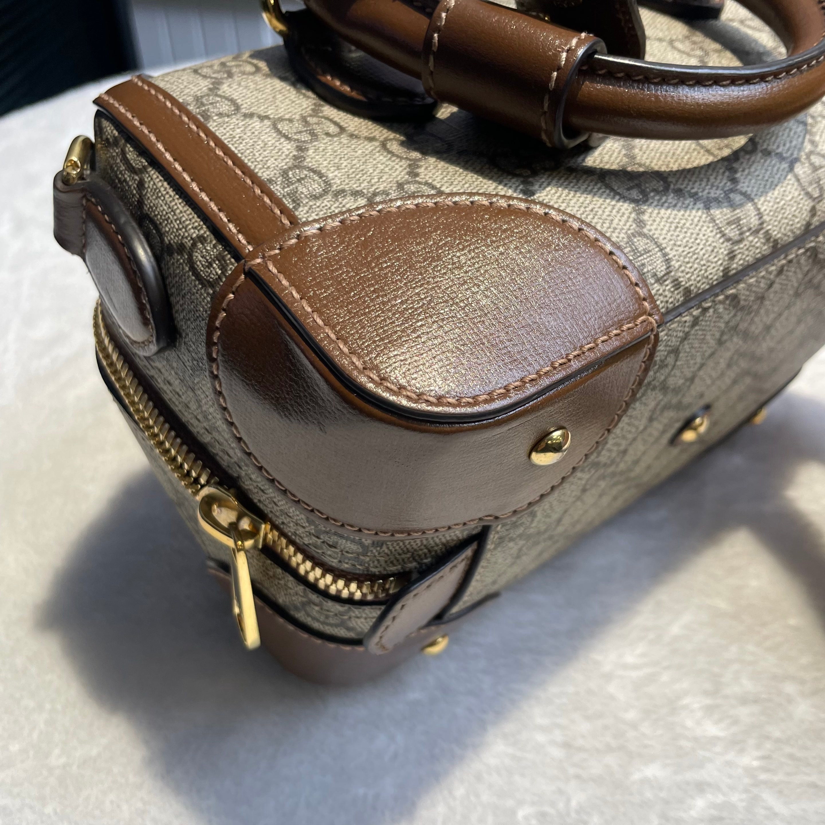 【#288】Pre-owned Gucci Small Boston Bag GG Coated Canvas with Brown Leather Trim