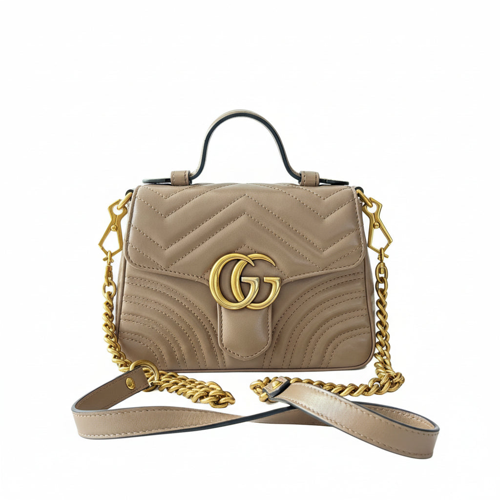 【#189】Pre-owned GUCCI Marmont Small 22cm Nude Matelassé Calfskin Leather Gold Hardware Top Handle Shoulder Bag