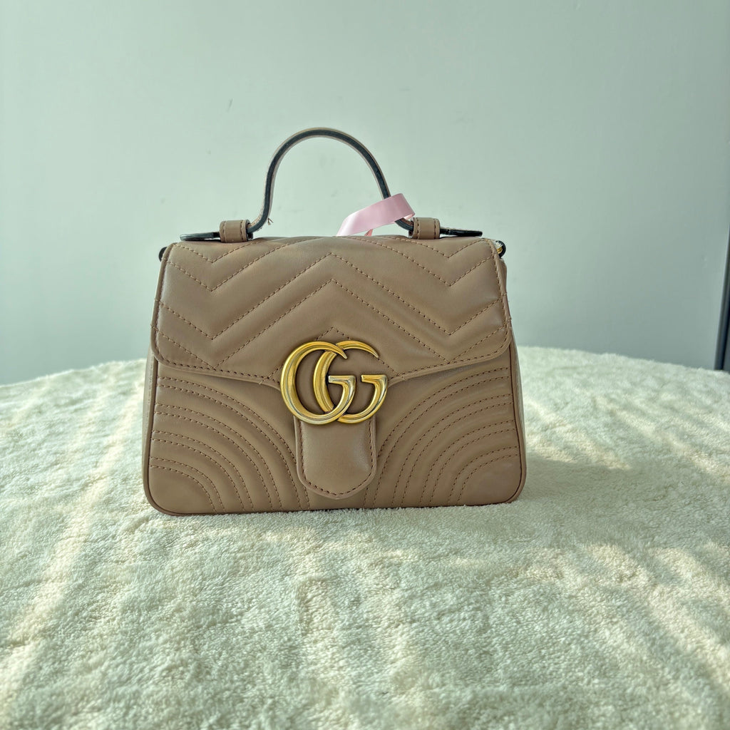 【#189】Pre-owned GUCCI Marmont Small 22cm Nude Matelassé Calfskin Leather Gold Hardware Top Handle Shoulder Bag