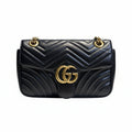 【#184】Pre-owned GUCCI Marmont Medium 26cm Black Matelassé Calfskin Leather Chain Shoulder Bag
