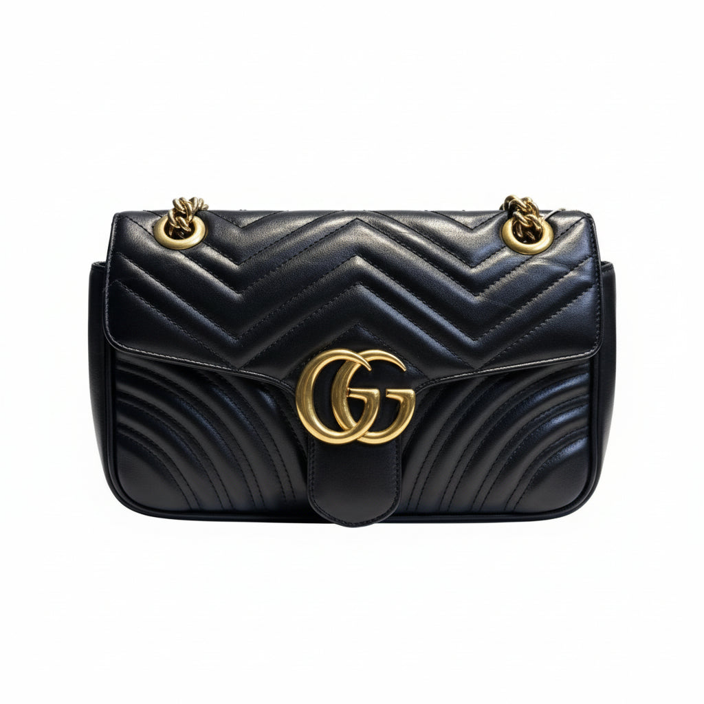 【#184】Pre-owned GUCCI Marmont Medium 26cm Black Matelassé Calfskin Leather Chain Shoulder Bag