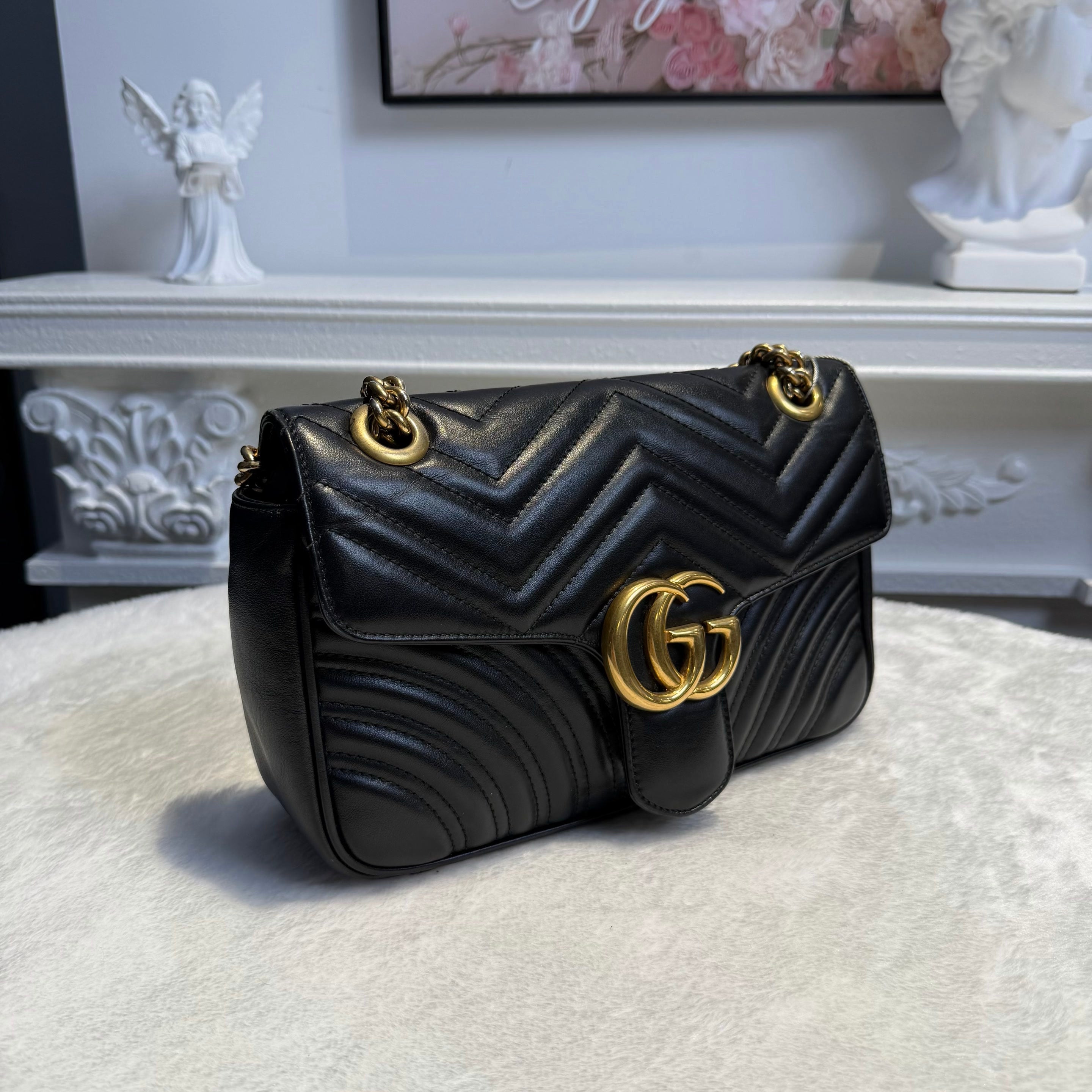 【#184】Pre-owned GUCCI Marmont Medium 26cm Black Matelassé Calfskin Leather Chain Shoulder Bag