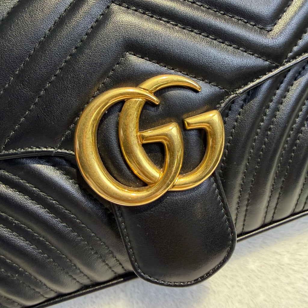 【#184】Pre-owned GUCCI Marmont Medium 26cm Black Matelassé Calfskin Leather Chain Shoulder Bag