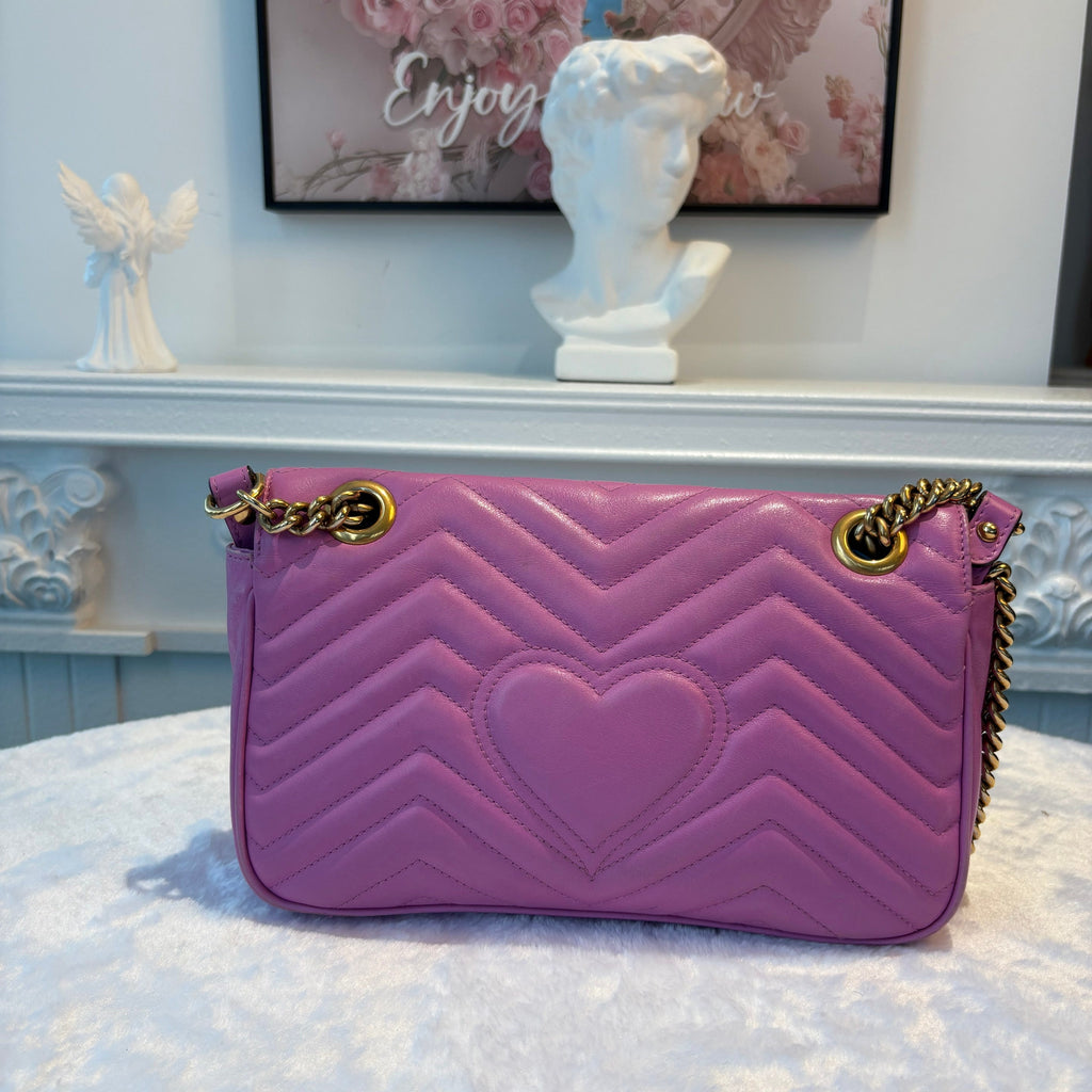 【#187】Pre-owned GUCCI Marmont Medium 26cm Purple Pink Matelassé Calfskin Leather Gold Hardware Shoulder Bag