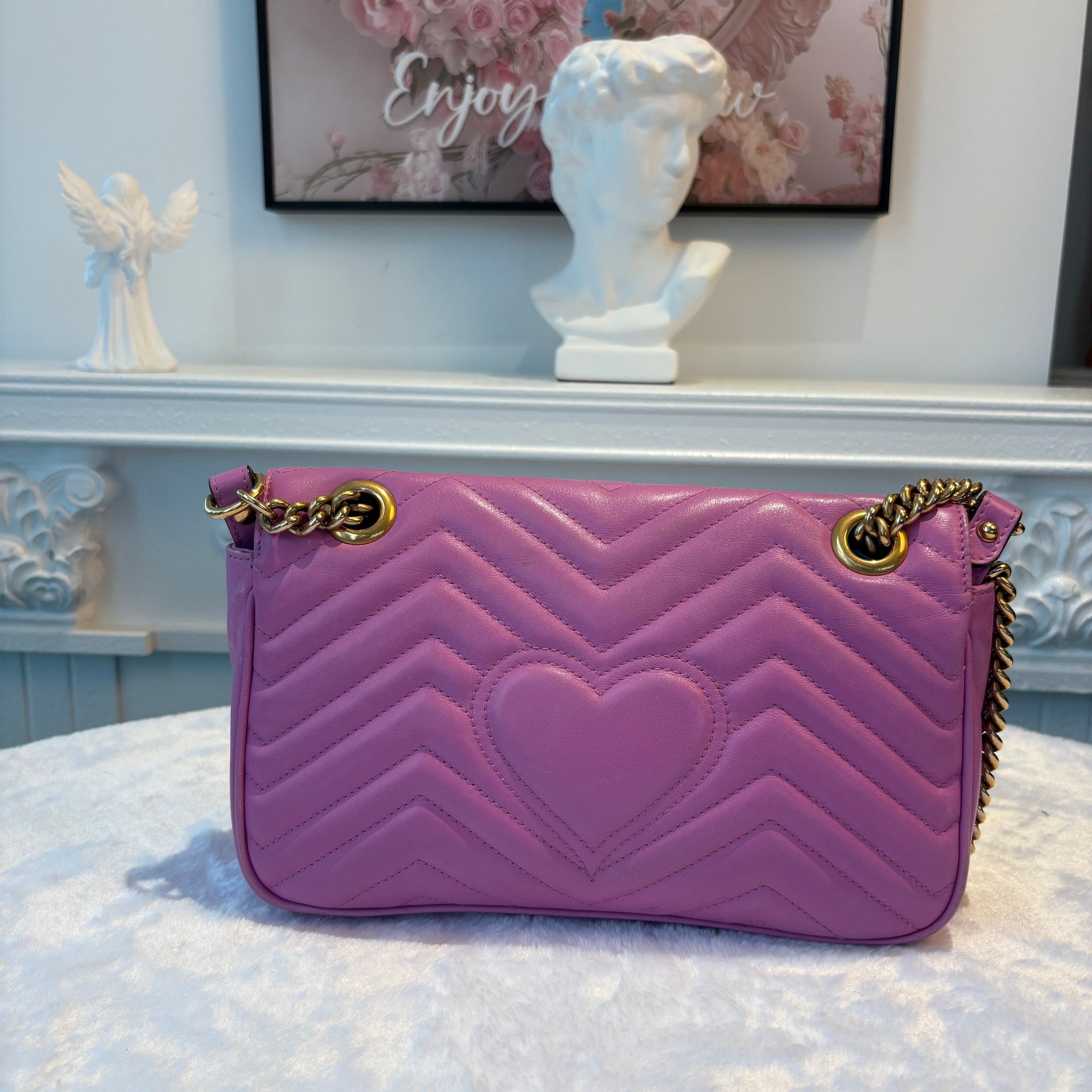 【#187】Pre-owned GUCCI Marmont Medium 26cm Purple Pink Matelassé Calfskin Leather Gold Hardware Shoulder Bag