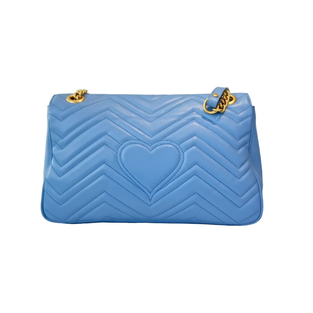 【#185】Pre-owned GUCCI Marmont Medium 26cm Blue Matelassé Calfskin Leather Gold Hardware Shoulder Bag  Price – 2nd Installment