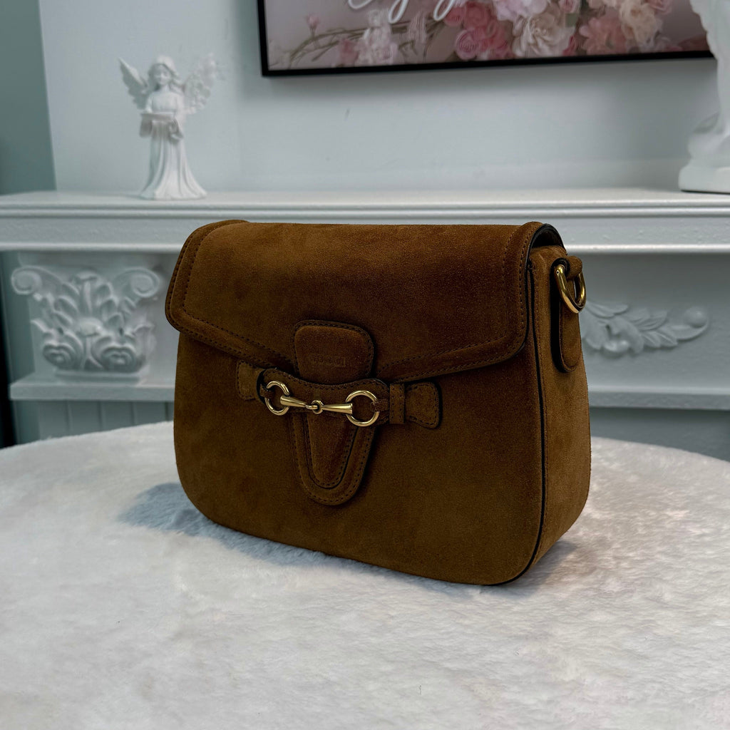 【#282】Pre-owned Gucci Horsebit 1955 Small Saddle Bag Suede in Cognac Brown with Gold-Tone Hardware