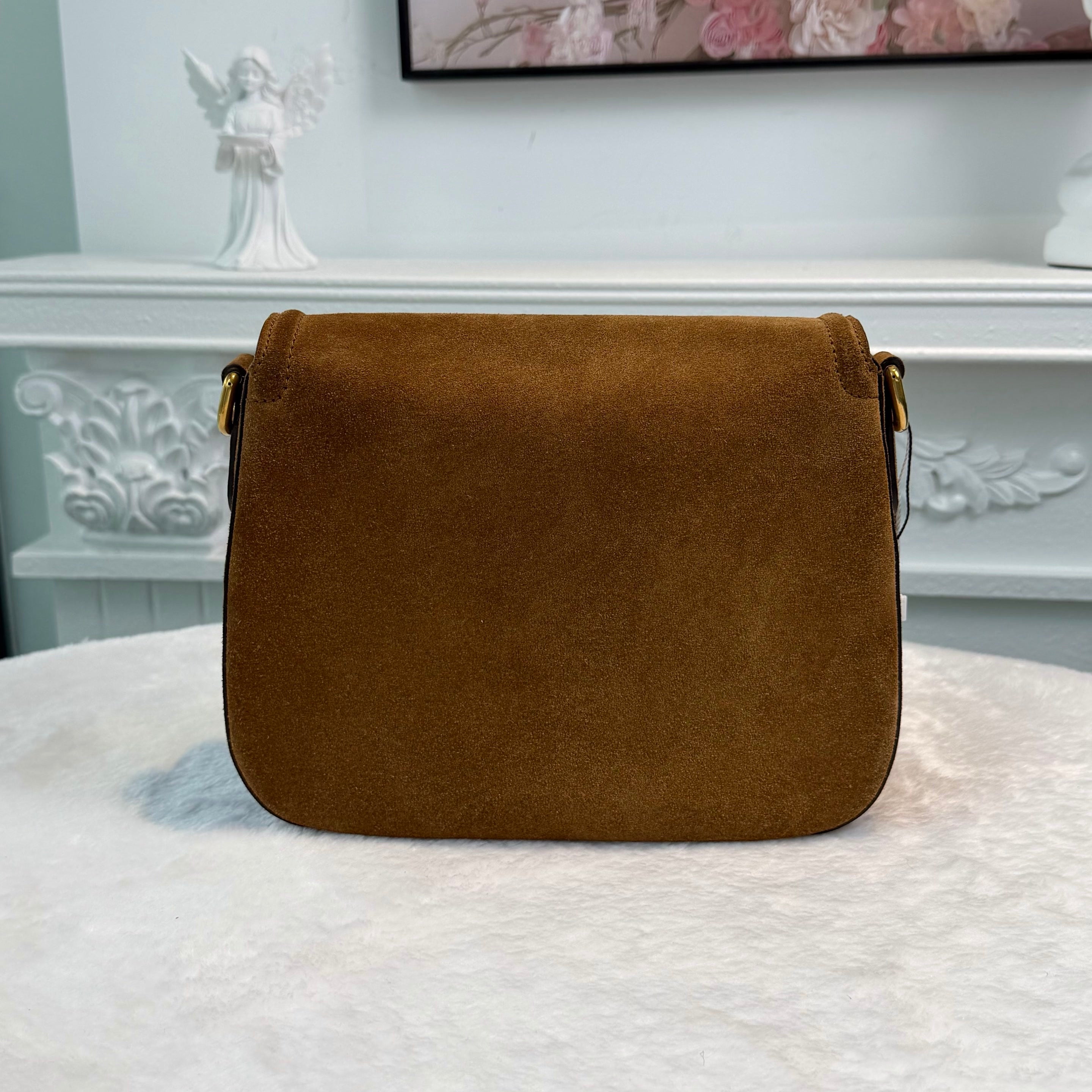 【#282】Pre-owned Gucci Horsebit 1955 Small Saddle Bag Suede in Cognac Brown with Gold-Tone Hardware