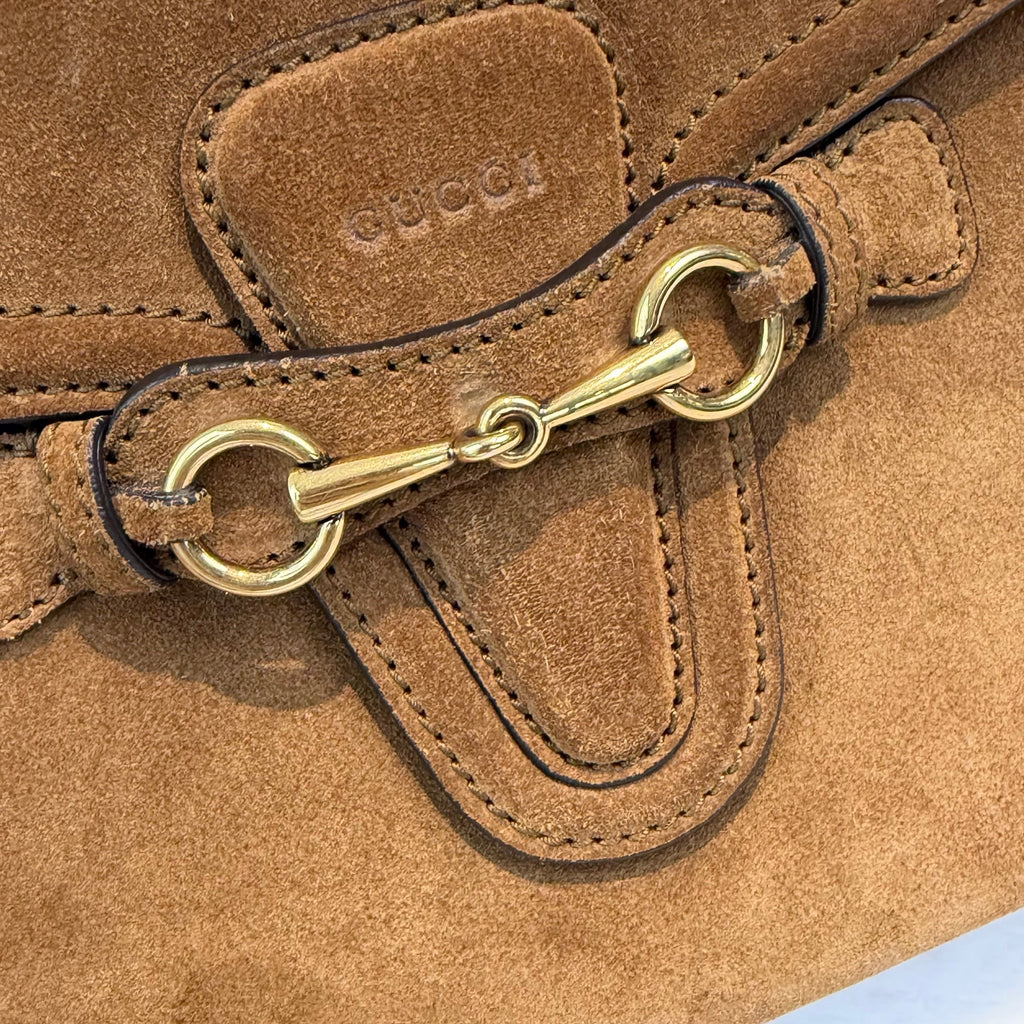 【#282】Pre-owned Gucci Horsebit 1955 Small Saddle Bag Suede in Cognac Brown with Gold-Tone Hardware