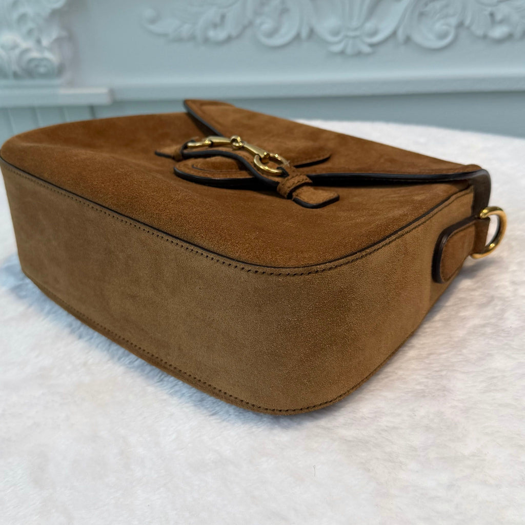 【#282】Pre-owned Gucci Horsebit 1955 Small Saddle Bag Suede in Cognac Brown with Gold-Tone Hardware
