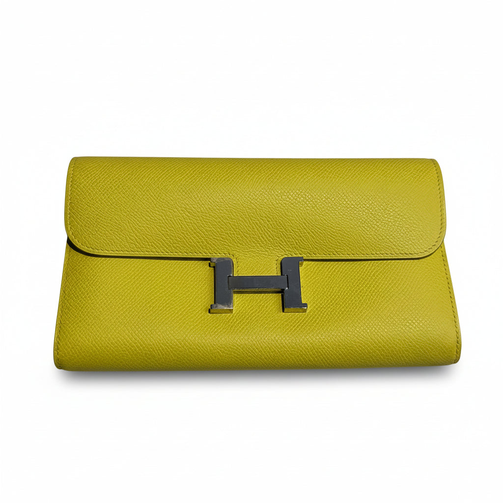 【#290】Pre-owned Hermès Constance Long Wallet Epsom Leather in Lime Yellow with Palladium Hardware