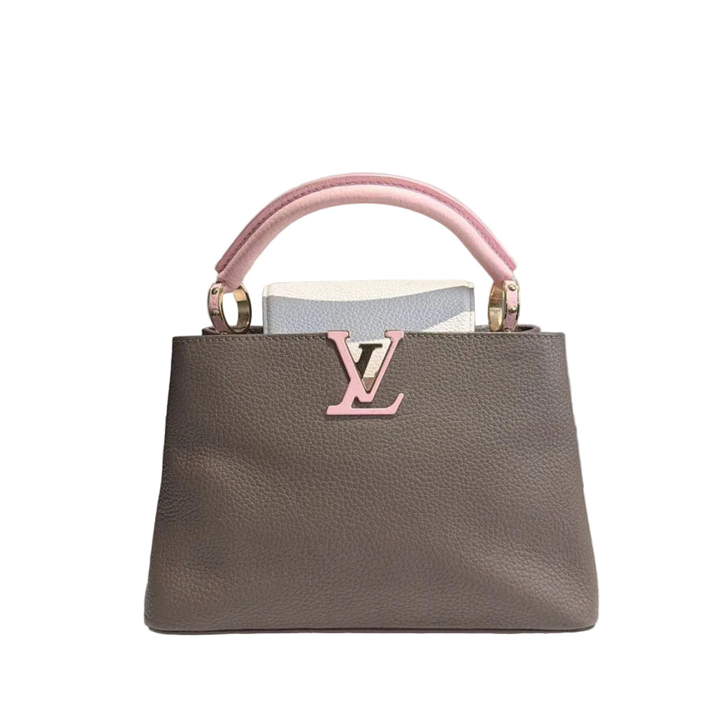 【#065】Pre-owned Louis Vuitton Capucines BB Galet Taurillon Leather with Pink & White Accents Top Handle Bag