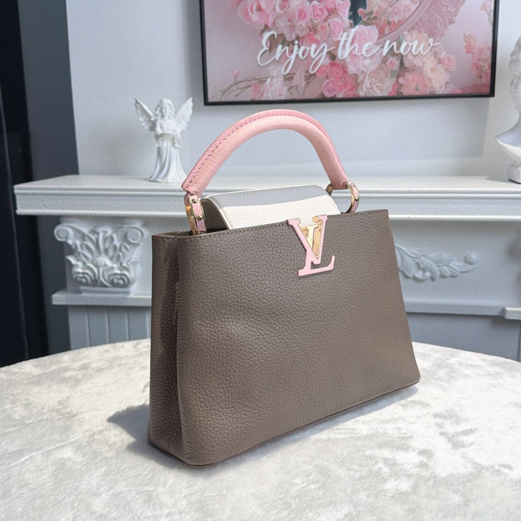 【#065】Pre-owned Louis Vuitton Capucines BB Galet Taurillon Leather with Pink & White Accents Top Handle Bag