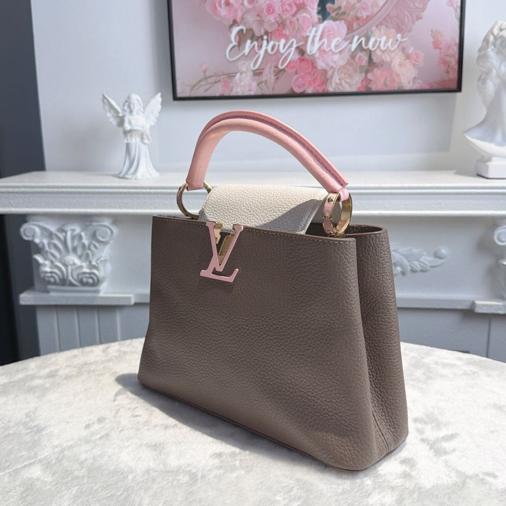 【#065】Pre-owned Louis Vuitton Capucines BB Galet Taurillon Leather with Pink & White Accents Top Handle Bag