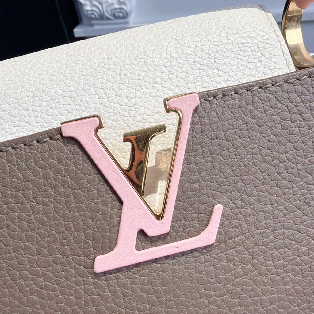【#065】Pre-owned Louis Vuitton Capucines BB Galet Taurillon Leather with Pink & White Accents Top Handle Bag