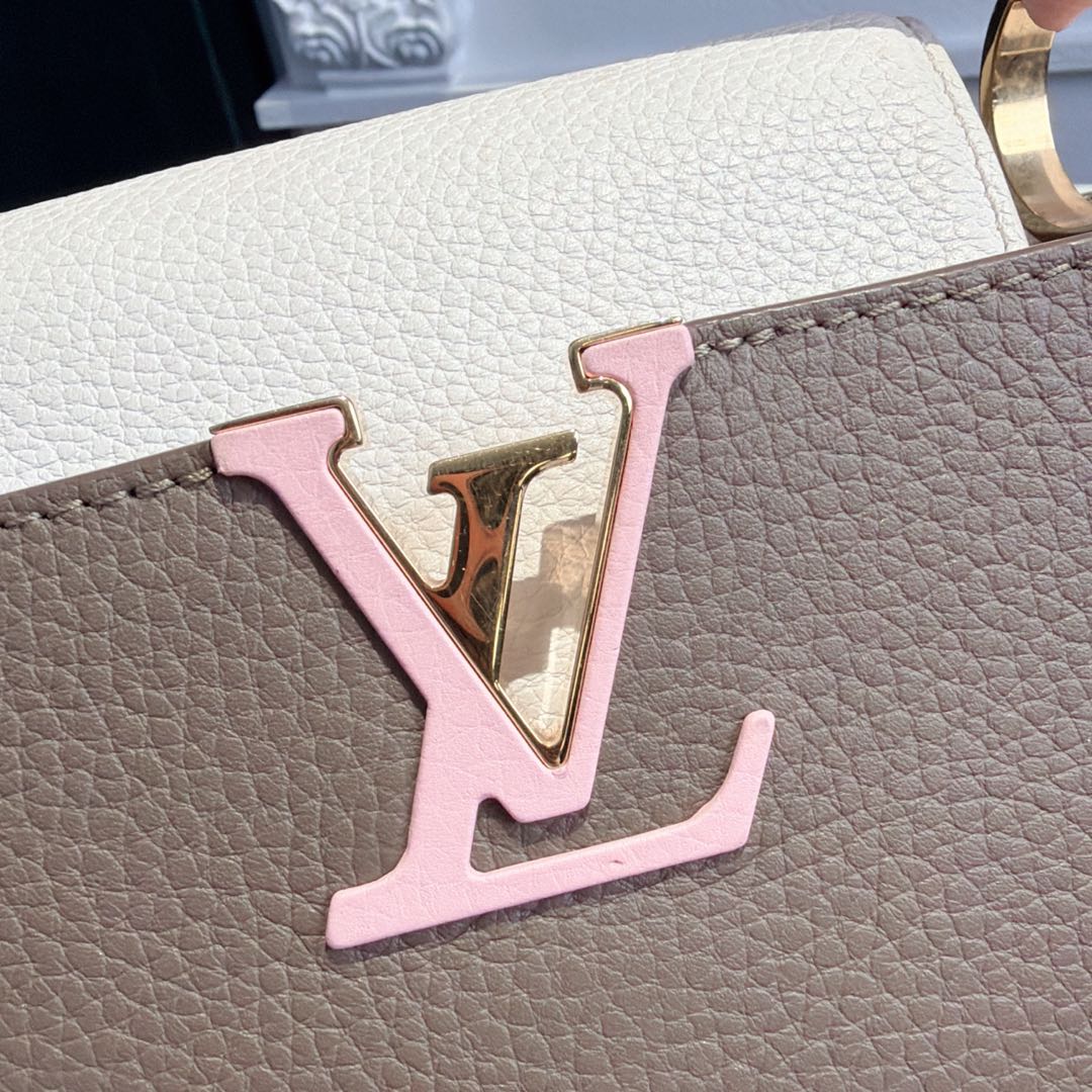 【#065】Pre-owned Louis Vuitton Capucines BB Galet Taurillon Leather with Pink & White Accents Top Handle Bag